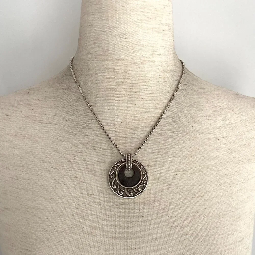Brighton Katu Collection Silver Plated Round Wood Pendant Necklace 16